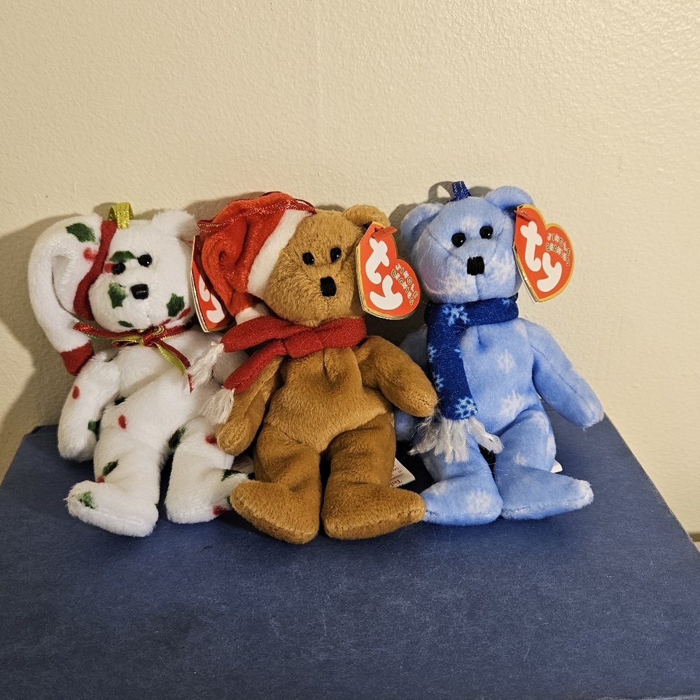 Ty Holiday 3 Teddy Bear Beanie Babies Lot, Ornaments